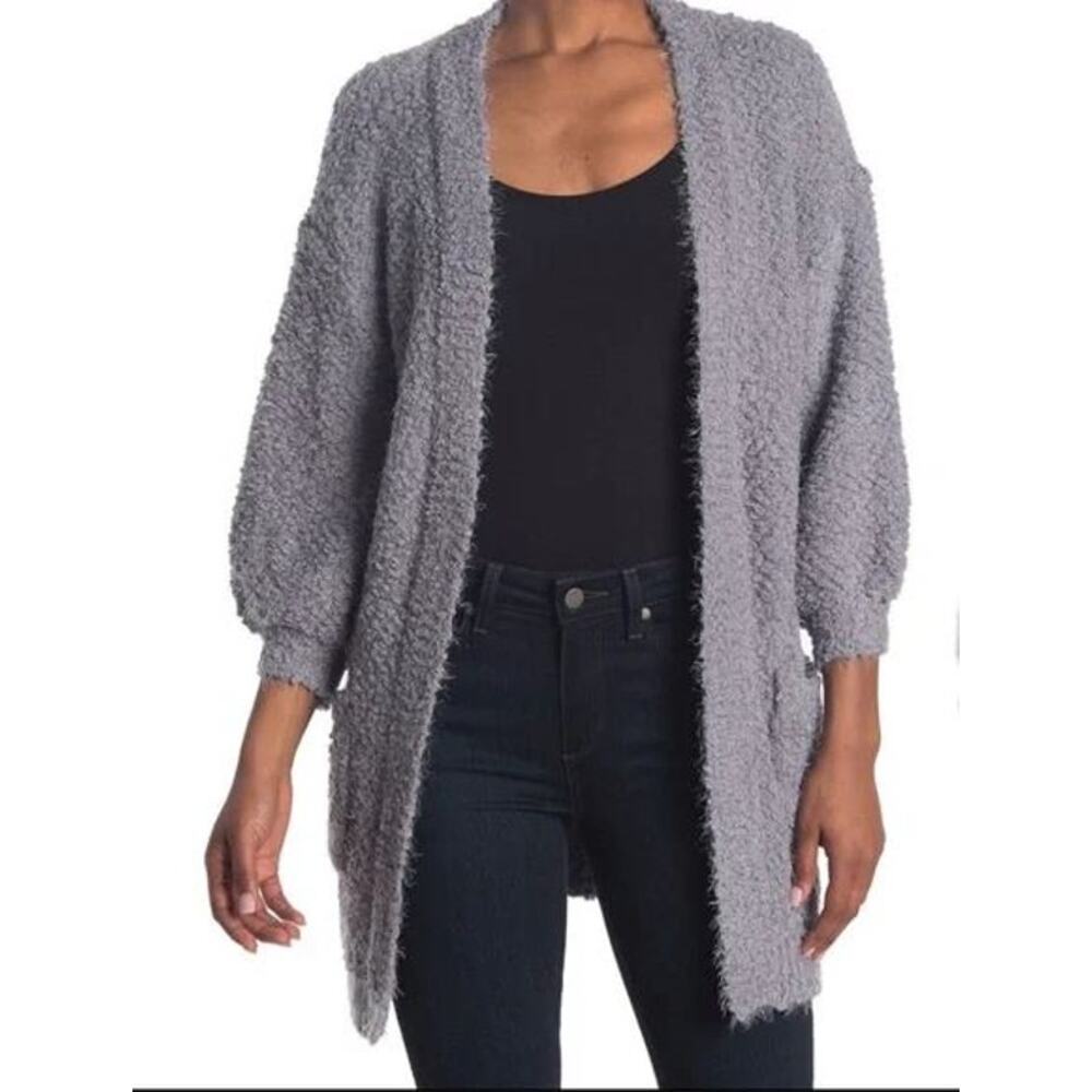 FRNCH Cardigan Sweater Open Front 3/4 Sleeve Two Pockets Solid Grey Small Medium